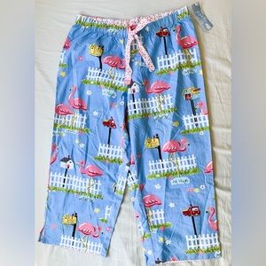 NWT Nick & Nora Flamingo Pajama Pants Size M Blue Drawstring Cotton Capri